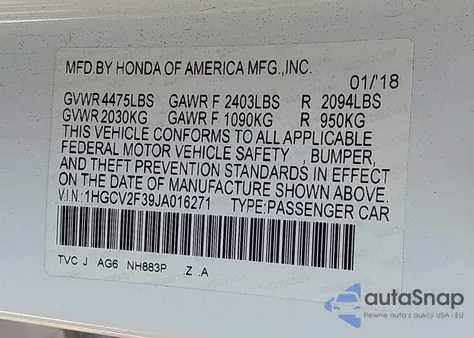 2018 Honda Accord Sport из США, поврежденный, VIN 1HGCV2F39JA016271